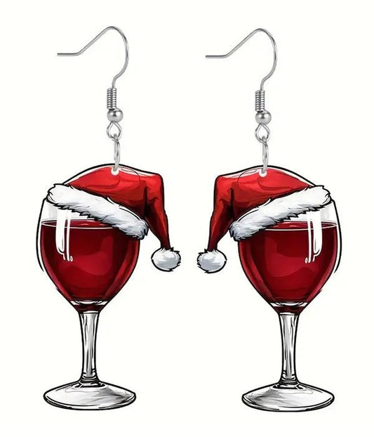 Christmas Wine Glass with Santa Hat Earrings - The Gift Shop