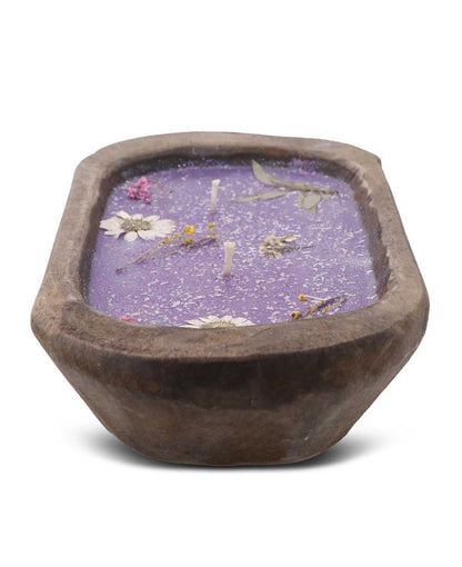 Pressed Flower Soy Candle in Rustic Wood Dough Bowl