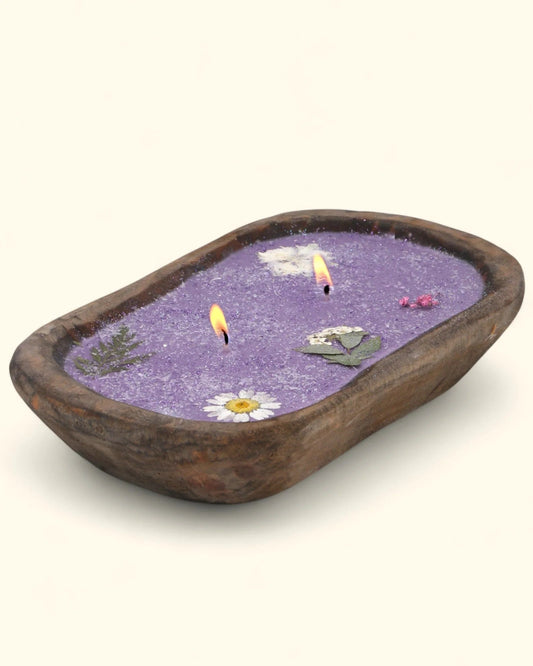Pressed Flower Soy Candle in Rustic Wood Dough Bowl