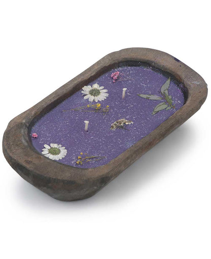 Pressed Flower Soy Candle in Rustic Wood Dough Bowl