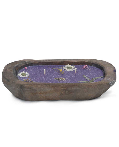 Pressed Flower Soy Candle in Rustic Wood Dough Bowl