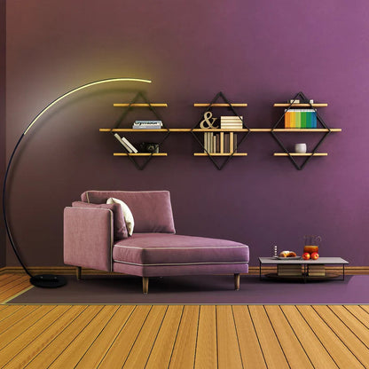 Modern black metal curved LED floor lamp with an arched silhouette illuminating a purple living room.