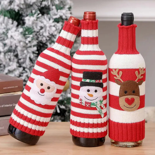 Christmas Wine Bottle Cover Set: Festive Knitted Decor - The Gift Shop